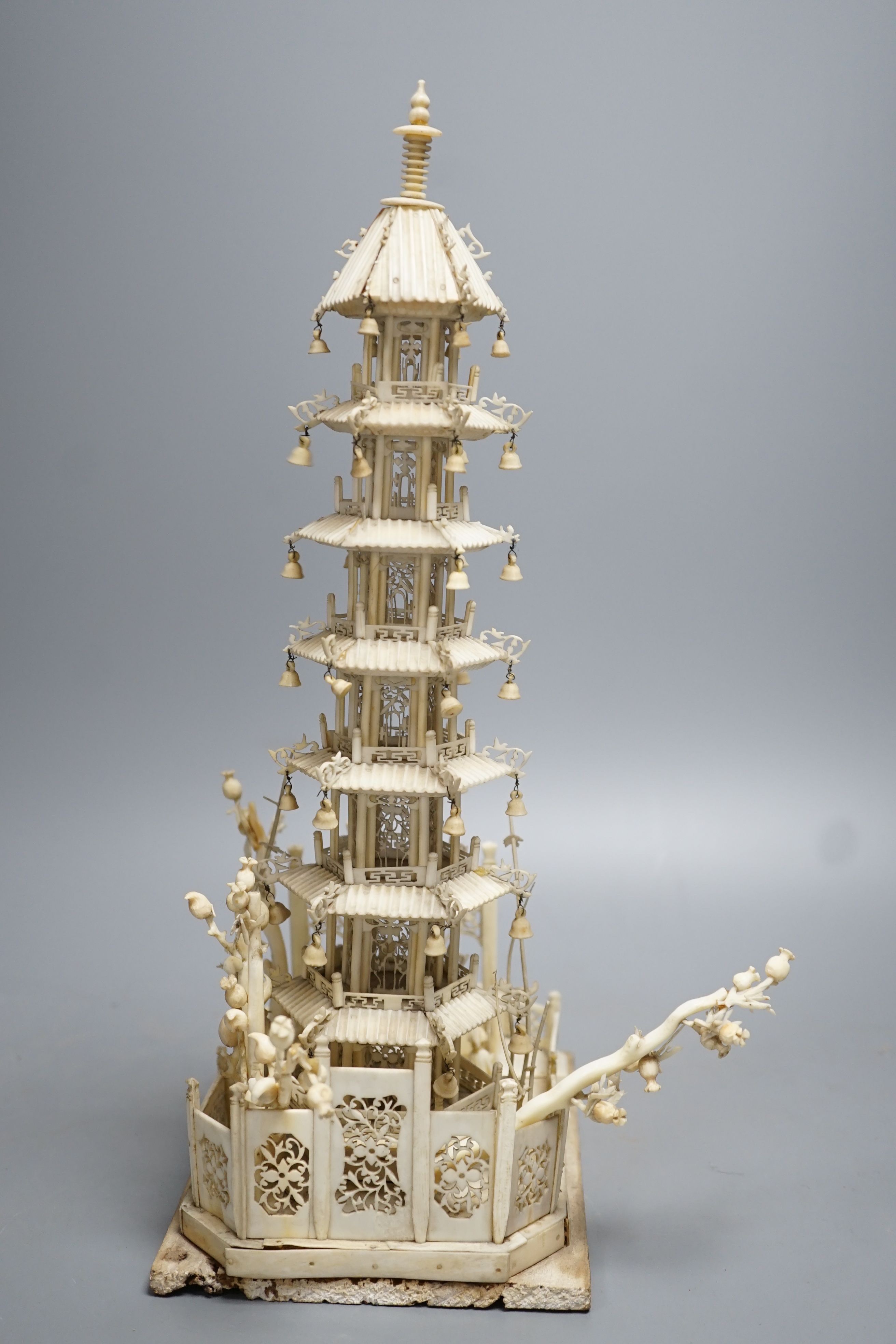 An early 19th century century Chinese carved ivory model of a seven-tiered pagoda 33cm